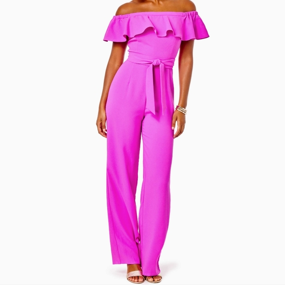 Lilly Pulitzer Pink Fuchsia Purple Jood Off the Shoulder Jumpsuit Lilly Pulitzer - Picture 4 of 6
